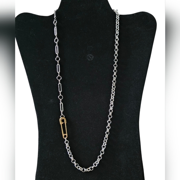 24 inch Stainless Steel Mixed Chain Necklace with Brass Safety Pin Charm Detail - Picture 1 of 4